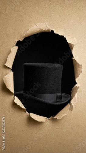 Black top hat seen through torn brown paper hole