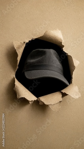Hidden dark fedora hat reveal on textured paper background
