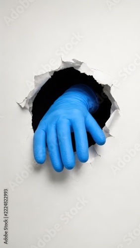 Blue latex glove emerging from ripped white paper