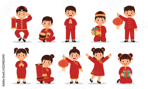 Kids wearing chinese traditional cloth vector graphic collection