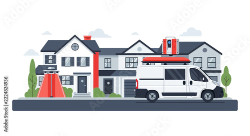 Flat vector of mapping van with 360 camera scanning suburban street for digital maps