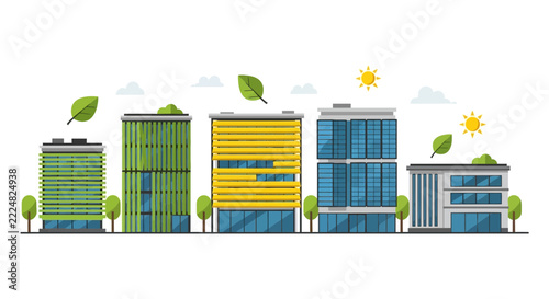 Eco-Friendly Sustainable City Buildings with Solar Panels and Green Walls Illustration