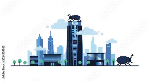 Software Bug and System Glitch Metaphor City Skyline Illustration