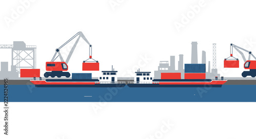 Industrial Cargo Port with Shipping Containers and Cranes Flat Vector
