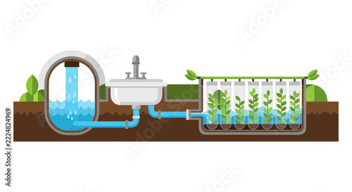 Sustainable Greywater Recycling System Diagram with Sink and Botanical Filtration Unit