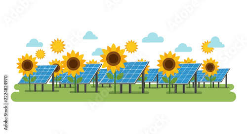 Solar Panel Farm and Sunflowers Vector Illustration for Renewable Energy