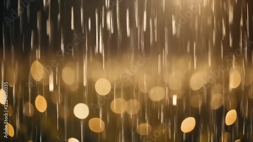 Heavy rain falling at night with warm golden bokeh city lights in the background 4K Generative AI