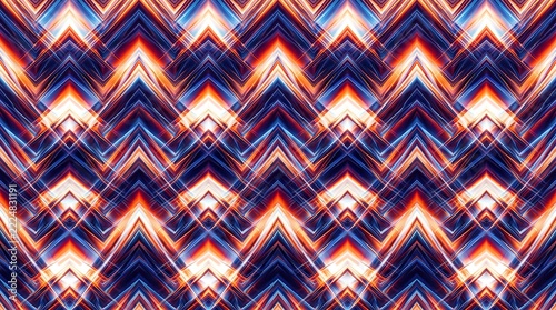 Neon zig zag pattern background with bright red and blue glowing geometric chevron lines repeating