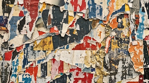 Torn paper layers on old urban wall surface with peeling posters and weathered street collage