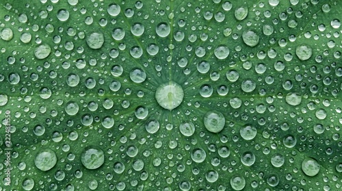 Water drops on green lotus leaf surface close up top down view background texture