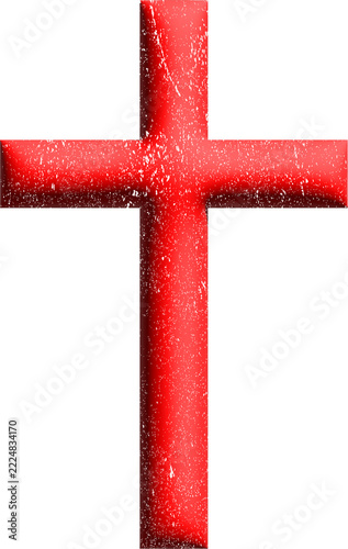 Christian cross icon, red grunge textured Latin cross, religious faith symbol
