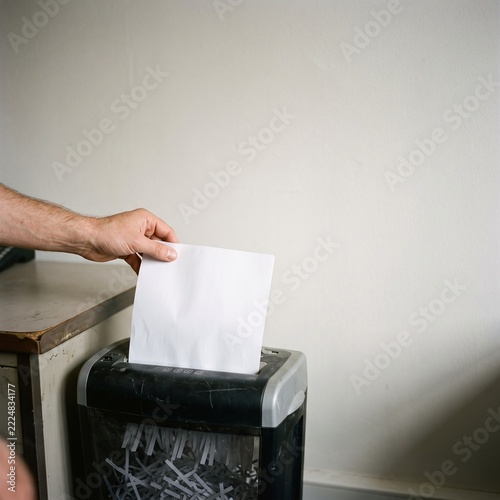 Hand feeding blank paper into office shredder