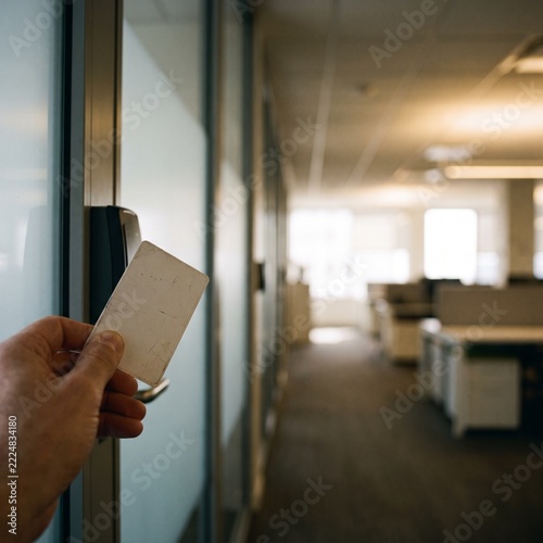 Hand holding access card to door reader in empty office hallway