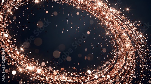 Swirling rose gold glitter vortex frame on dark holiday night