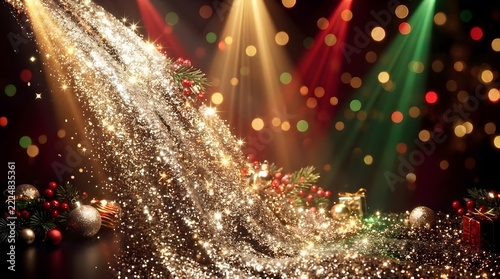 Cascading golden glitter waterfall over festive Christmas ornaments