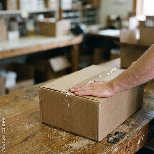 Hand sealing plain cardboard shipping box with tape