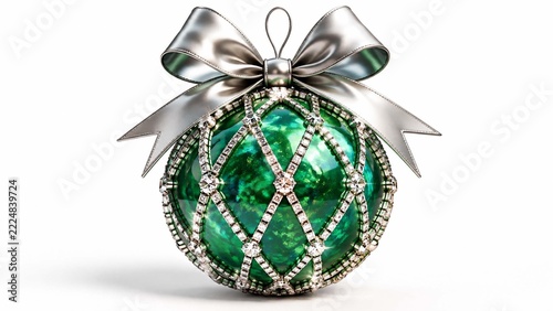 Emerald green christmas bauble with silver ribbon bow and sparkling details, luxurious holiday ornament on white background