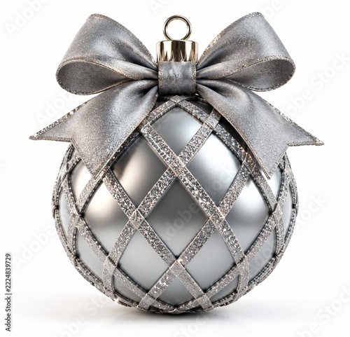 Elegant silver christmas bauble ornament with a luxurious satin bow on top, sparkling holiday decoration on white background