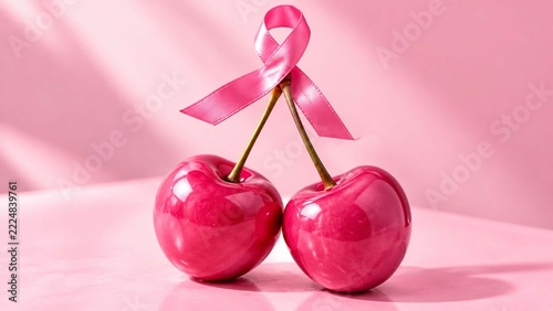 Two glossy pink cherries tied with a pink awareness ribbon bow on soft pink background, sweet breast cancer hope concept