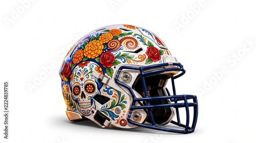 Colorful football helmet covered in bright mexican floral and sugar skull artwork, festive dia de muertos sports illustration