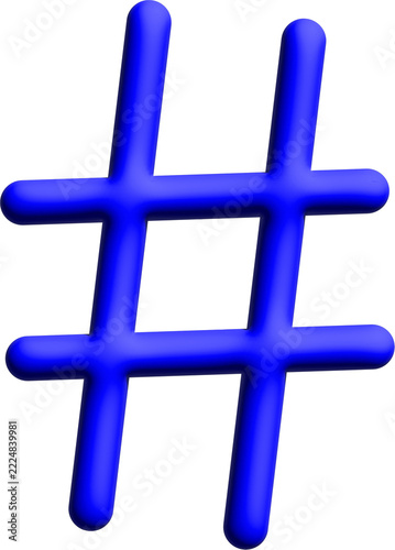 Hashtag icon, blue glossy 3D number sign symbol, social media tag and trending concept
