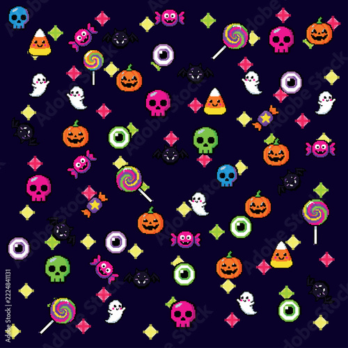 Retro 8-bit pixel art Halloween seamless vector pattern. Features vibrant pixelated skulls, smiling ghosts, jack-o-lantern pumpkins, eyeballs, bats, lollipops, candy corn, and sweets over a dark backg