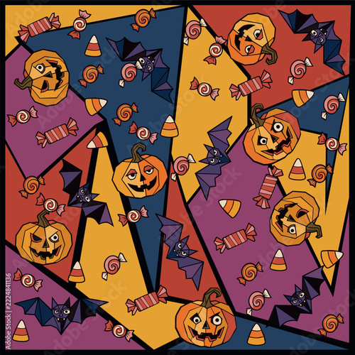 Geometric Halloween seamless pattern with jack-o-lantern pumpkins, bats, candy, and stained glass abstract background