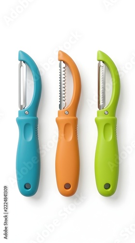 Three colorful kitchen vegetable peelers