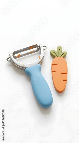 Vegetable peeler with a toy carrot on white background