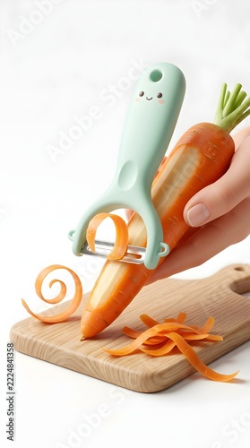 Person peeling a fresh carrot with a cute kitchen peeler