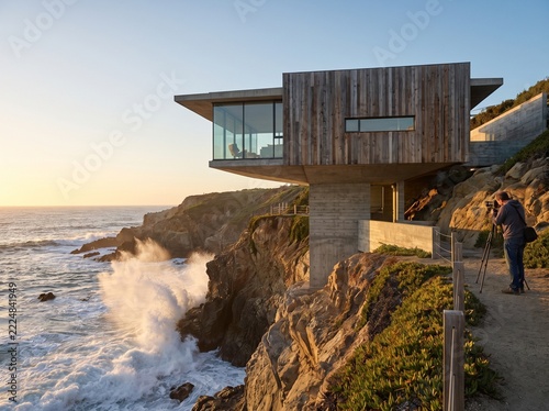 Modern architectural house perched on a rugged cliff overlooking the ocean at sunset.