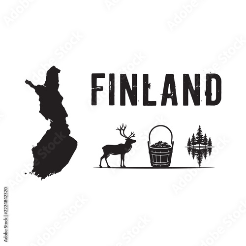 Finland silhouette with reindeer berries and forest illustration on white