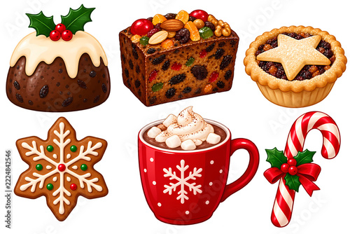 Christmas Desserts With Pudding Fruitcake Cocoa And Cookies