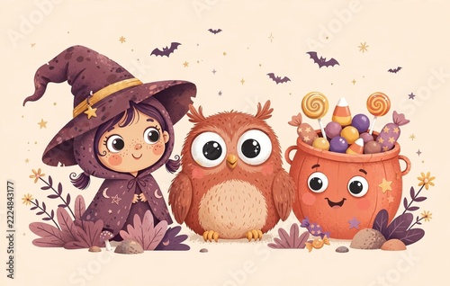 Cute little witch girl with owl and candy bucket - Halloween illustration