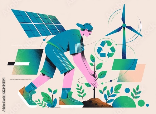 Person planting tree with solar panels and wind turbine - sustainability illustration