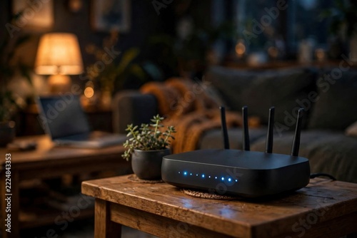 Modern wifi router with glowing blue status lights on a wooden table
