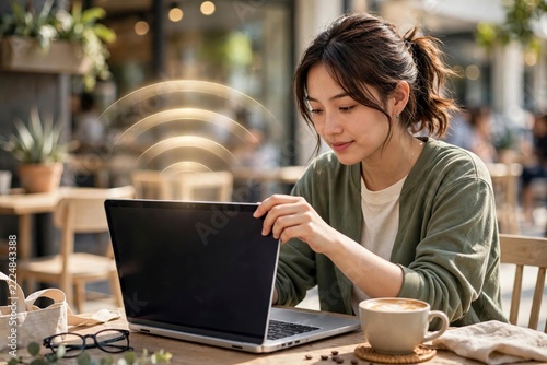 Young asian woman working on laptop in outdoor cafe with wifi signal