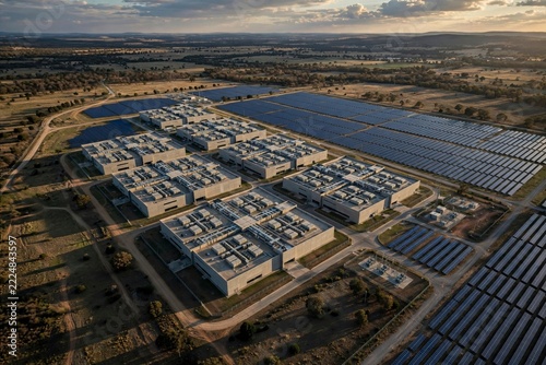 Aerial view of a large data center facility integrated with solar panel fields