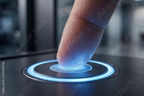 Close up of a human finger pressing a glowing biometric fingerprint scanner