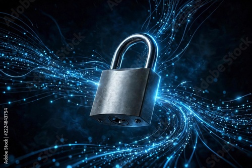 Digital padlock representing cybersecurity and data protection with glowing blue fiber optic lines