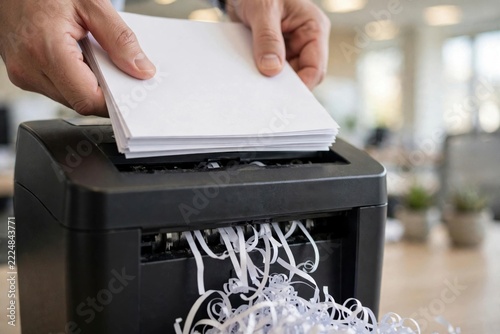 Person feeding a stack of white paper into a black office paper shredder