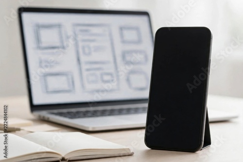 Smartphone on desk with laptop showing website wireframe design