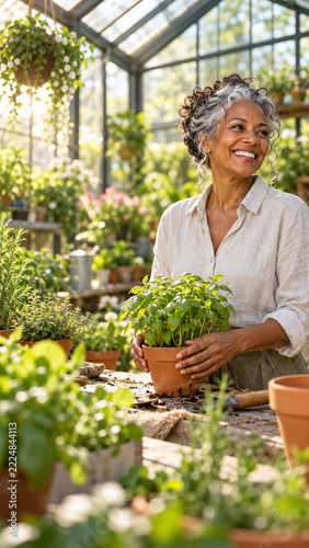 Healthy Aging Portrait of Joyful Woman Growing Herbs in Greenhouse