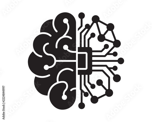 Artificial intelligence brain icon featuring human anatomy and digital circuit board for technology UI