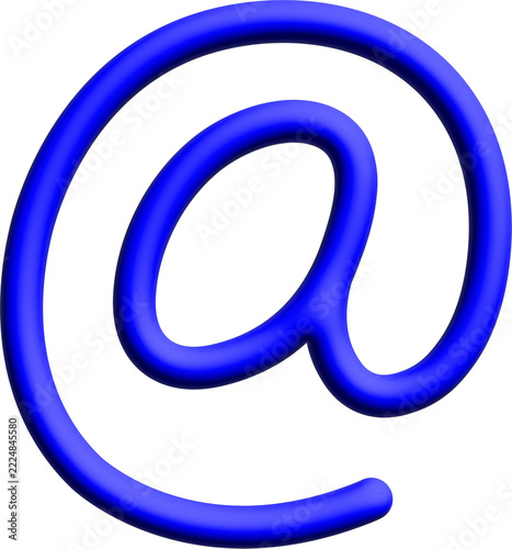 At sign icon, blue glossy 3D email symbol, contact and address concept