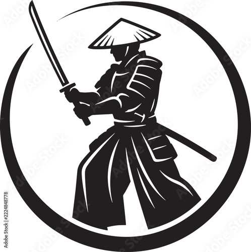 Samurai-Warrior Dynamic Attack Stance Silhouette Vector Art