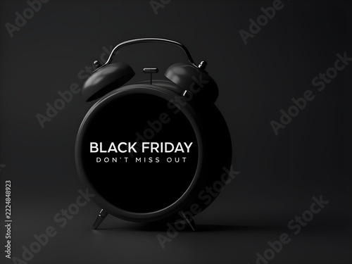 Black friday promotional concept featuring a sleek black alarm clock on a dark background, symbolizing urgency and limitedtime shopping deals