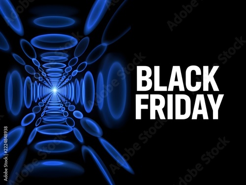 Black friday sale banner with a futuristic blue glowing tunnel effect and abstract light circles on a dark background