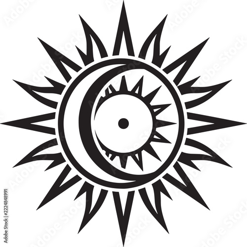 Sun and Moon Celestial Vector Emblem with Tribal Rays Symbol Design