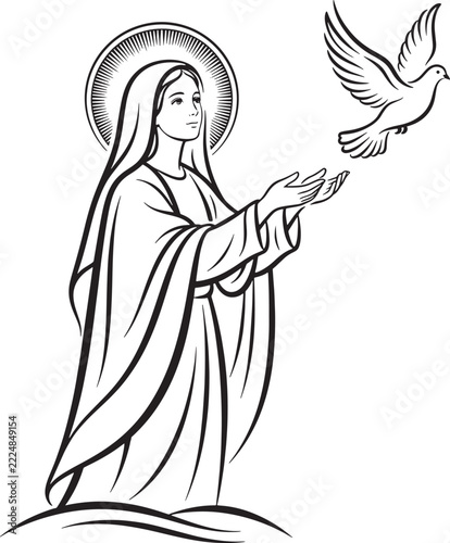 Virgin-Mary Line Art Vector Illustration with Flying Peace Dove